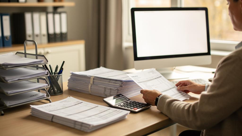 Une comptable triant des factures à côté d'un ordinateur de bureau